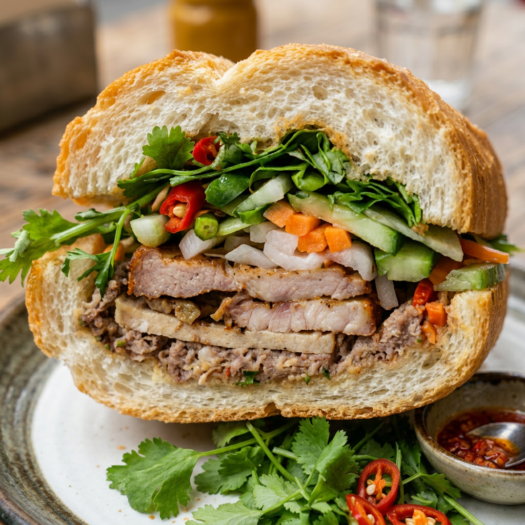 Vietnamese Banh Mi sandwich with pork, fresh vegetables, herbs, and chili peppers on a plate with dipping sauce.