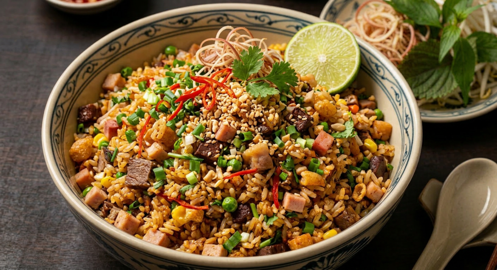 Bowl of spicy beef noodle soup with meat, herbs, lime, and noodles